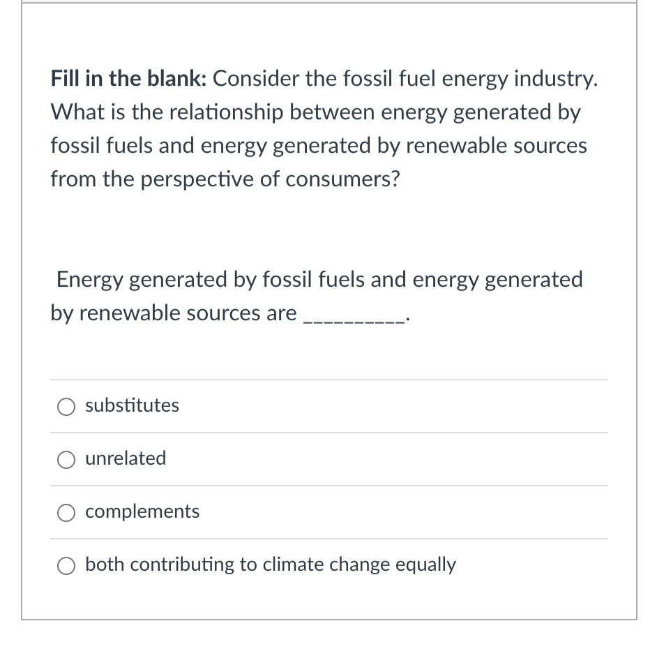 Fill in the blank: Consider the fossil fuel energy industry.
What is the relationship between energy generated by
fossil fuels and energy generated by renewable sources
from the perspective of consumers?
Energy generated by fossil fuels and energy generated
by renewable sources are
substitutes
unrelated
complements
both contributing to climate change equally