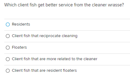 Which client fish get better service from the cleaner wrasse?
O Residents
Client fish that reciprocate cleaning
O Floaters
O Client fish that are more related to the cleaner
O Client fish that are resident floaters