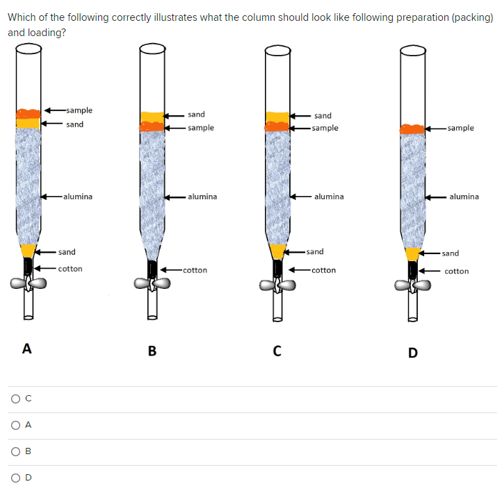 Which of the following correctly illustrates what the column should look like following preparation (packing)
and loading?
A
O C
O
A
B
00
O
-sample
sand
alumina
sand
cotton
B
sand
sample
alumina
cotton
C
sand
sample
alumina
sand
-cotton
D
-sample
alumina
sand
cotton