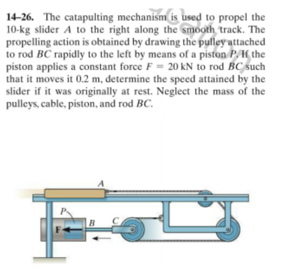 14-26. The catapulting mechanism is used to propel the
10-kg slider A to the right along the smooth track. The
propelling action is obtained by drawing the pulley attached
to rod BC rapidly to the left by means of a piston P. If the
piston applies a constant force F= 20 kN to rod BC such
that it moves it 0.2 m, determine the speed attained by the
slider if it was originally at rest. Neglect the mass of the
pulleys, cable, piston, and rod BC.
B