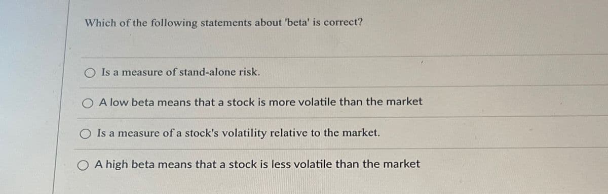 Which of the following statements about 'beta' is correct?
Is a measure of stand-alone risk.
A low beta means that a stock is more volatile than the market
Is a measure of a stock's volatility relative to the market.
OA high beta means that a stock is less volatile than the market