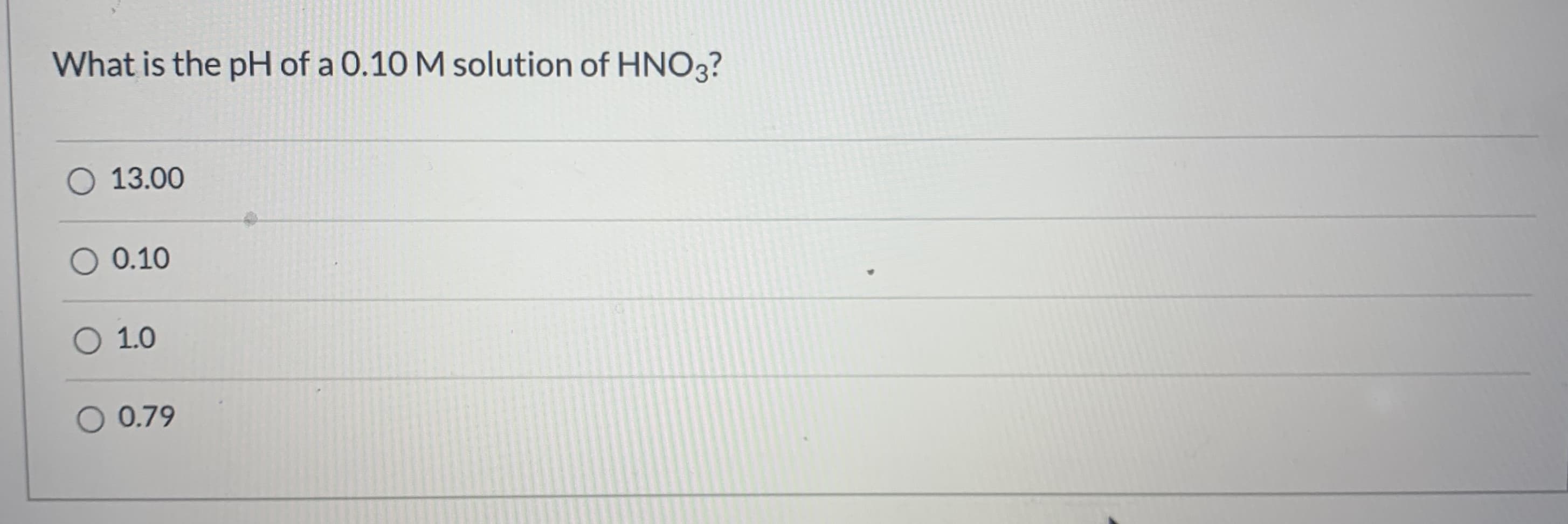 What is the pH of a 0.10 M solution of HNO3?
