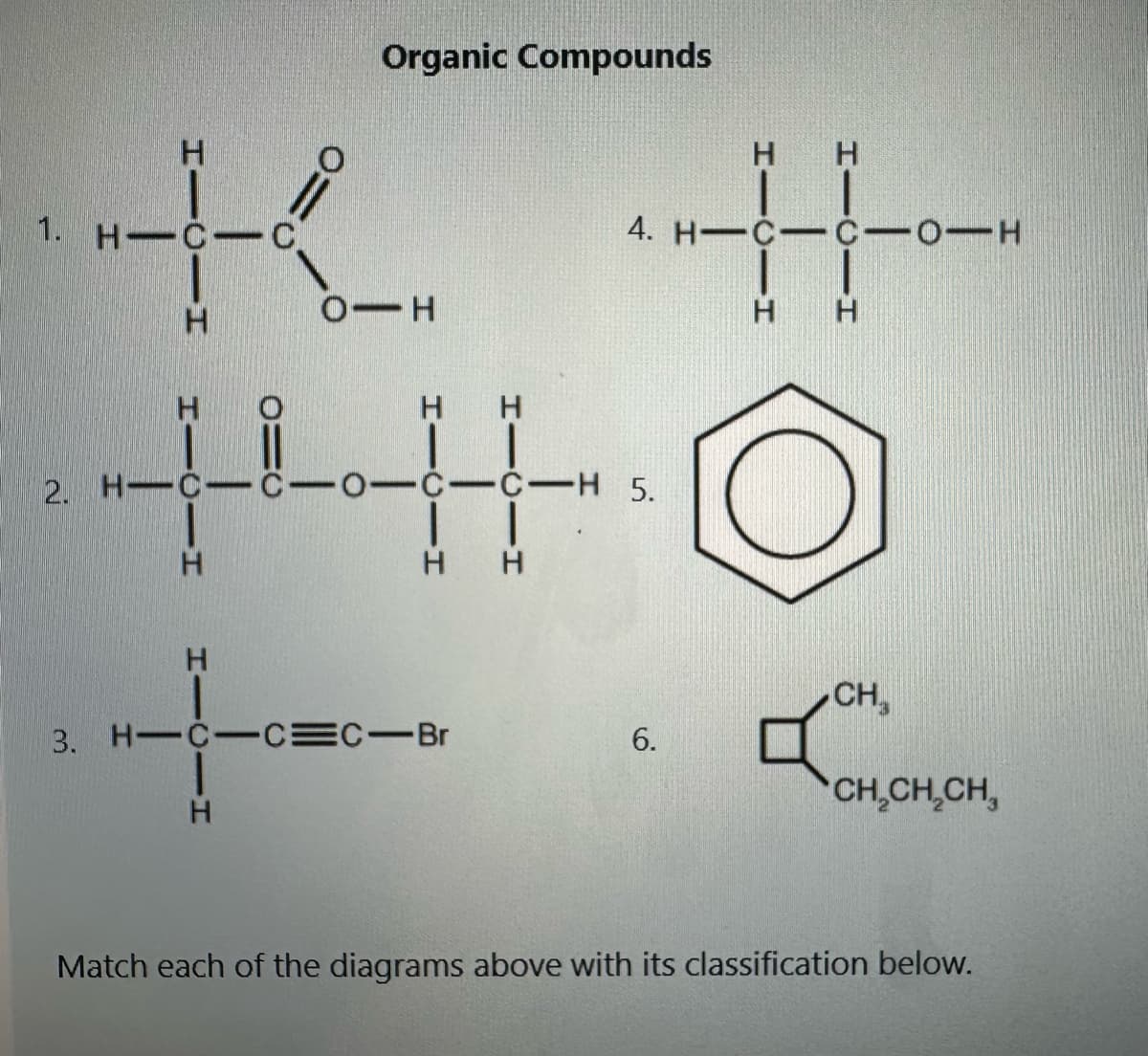 1. H-C-C
H
>=
Organic Compounds
H
о-н
H
2. HC-C-0-C-C-H 5.
H
3. H-C-C=C-Br
H
H
H
4. HC CIOIH
H
H H
I
H
6.
CH₂
CH₂CH₂CH₂
Match each of the diagrams above with its classification below.