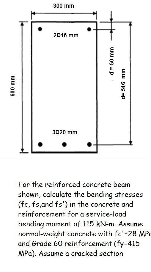 300 mm
2D16 mm
3D20 mm
For the reinforced concrete beam
shown, calculate the bending stresses
(fc, fs,and fs') in the concrete and
reinforcement for a service-load
bending moment of 115 kN-m. Assume
normal-weight concrete with fc'=28 MPC
and Grade 60 reinforcement (fy=415
MPa). Assume a cracked section
ww 009
d'= 50 mm
d= 546 mm
