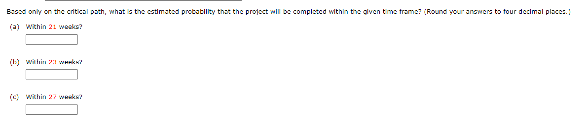 Based only on the critical path, what is the estimated probability that the project will be completed within the given time frame? (Round your answers to four decimal places.)
(a) Within 21 weeks?
(b) Within 23 weeks?
(c) Within 27 weeks?