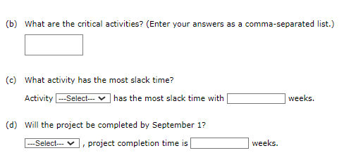 (b) What are the critical activities? (Enter your answers as a comma-separated list.)
(c) What activity has the most slack time?
Activity ---Select---
has the most slack time with
weeks.
(d) Will the project be completed by September 1?
-Select---
'
project completion time is
weeks.