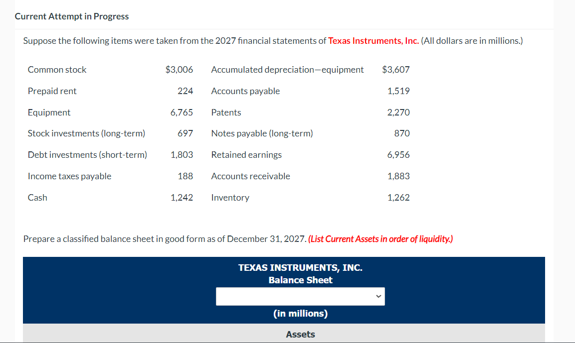 Current Attempt in Progress
Suppose the following items were taken from the 2027 financial statements of Texas Instruments, Inc. (All dollars are in millions.)
Common stock
$3,006
Accumulated depreciation-equipment
$3,607
Prepaid rent
224
Accounts payable
1,519
Equipment
6,765
Patents
2,270
Stock investments (long-term)
697
Notes payable (long-term)
870
Debt investments (short-term)
1,803
Retained earnings
6,956
Income taxes payable
188
Accounts receivable
1,883
Cash
1,242
Inventory
1,262
Prepare a classified balance sheet in good form as of December 31, 2027. (List Current Assets in order of liquidity.)
TEXAS INSTRUMENTS, INC.
Balance Sheet
(in millions)
Assets