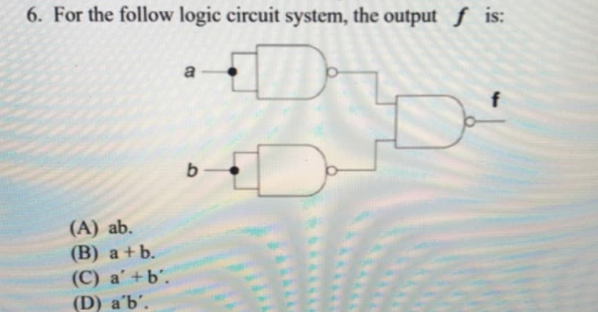 6. For the follow logic circuit system, the output f is:
5
(A) ab.
(B) a + b.
(C) a'+b'.
(D) a'b'.
a
b