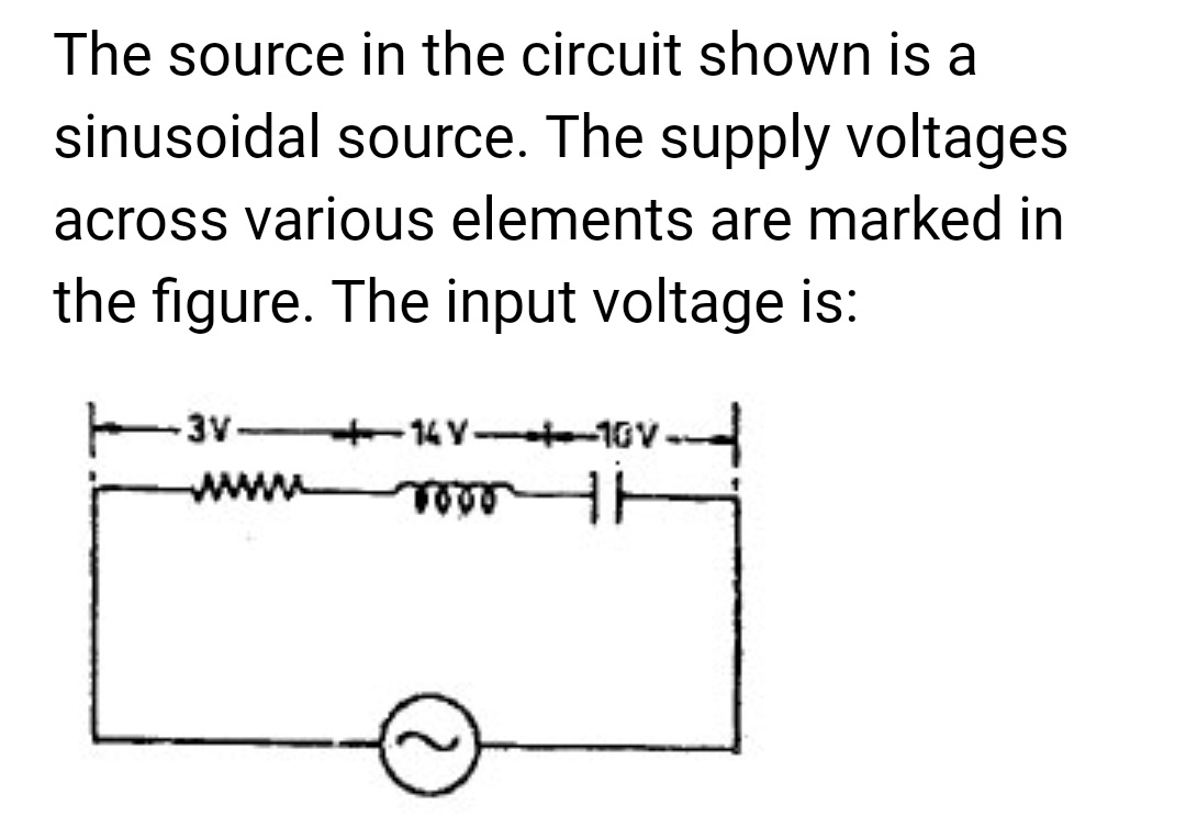The source in the circuit shown is a
sinusoidal source. The supply voltages
across various elements are marked in
the figure. The input voltage is:
3V-
ww
-14 V-10V
moon It