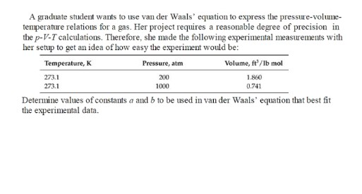 A graduate student wants to use van der Waals' equation to express the pressure-volume-
temperature relations for a gas. Her project requires a reasonable degree of precision in
the p-V-T calculations. Therefore, she made the following experimental measurements with
her setup to get an idea of how easy the experiment would be:
Temperature, K
Pressure, atm
Volume, ft'/lb mol
273.1
273.1
200
1.860
1000
0.741
Determine values of constants a and b to be used in van der Waals' equation that best fit
the experimental data.
