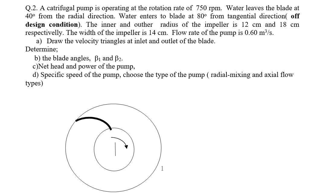 Q.2. A catrifugal pump is operating at the rotation rate of 750 rpm. Water leaves the blade at
40° from the radial direction. Water enters to blade at 80° from tangential direction( off
design condition). The inner and outher
respectivelly. The width of the impeller is 14 cm. Flow rate of the pump is 0.60 m³/s.
a) Draw the velocity triangles at inlet and outlet of the blade.
Determine;
b) the blade angles, Bi and B2.
c)Net head and power of the pump,
d) Specific speed of the pump, choose the type of the pump ( radial-mixing and axial flow
types)
radius of the impeller is 12 cm and 18 cm
1
