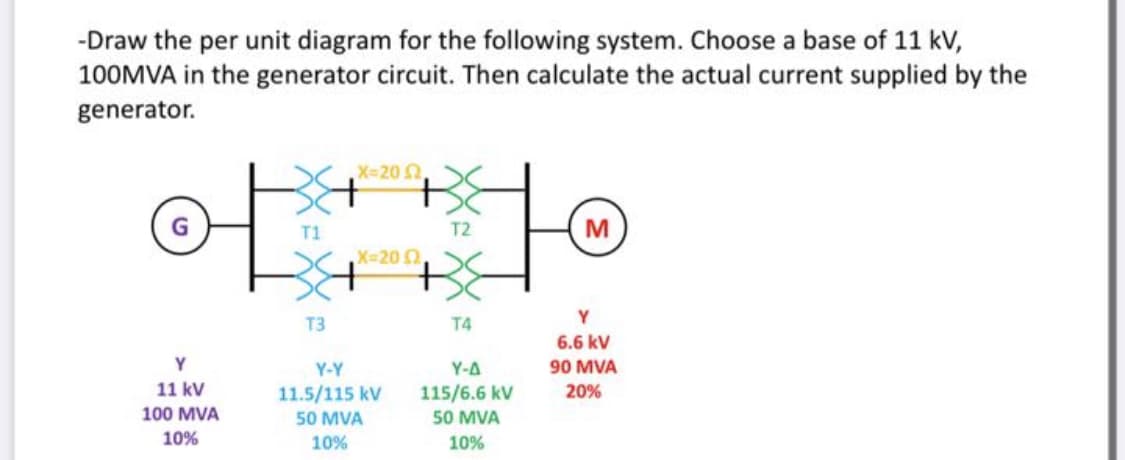 -Draw the per unit diagram for the following system. Choose a base of 11 kV,
100MVA in the generator circuit. Then calculate the actual current supplied by the
generator.
X-20
T2
M
T1
X-20 2
Y
T3
T4
6.6 kV
Y
Y-Y
Y-A
90 MVA
11 kV
11.5/115 kV
115/6.6 kV
20%
100 MVA
50 MVA
50 MVA
10%
10%
10%
