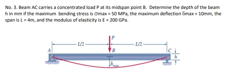 No. 3. Beam AC carries a concentrated load P at its midspan point B. Determine the depth of the beam
h in mm if the maximum bending stress is Omax = 50 MPa, the maximum deflection 8max = 10mm, the
span is L = 4m, and the modulus of elasticity is E = 200 GPa.
L/2
L/2-
B
4+
18.
max