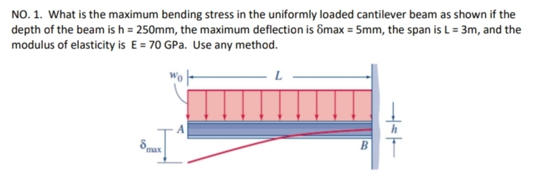 NO. 1. What is the maximum bending stress in the uniformly loaded cantilever beam as shown if the
depth of the beam is h = 250mm, the maximum deflection is 8max = 5mm, the span is L = 3m, and the
modulus of elasticity is E = 70 GPa. Use any method.
Wo
L
max
A
B
4-T