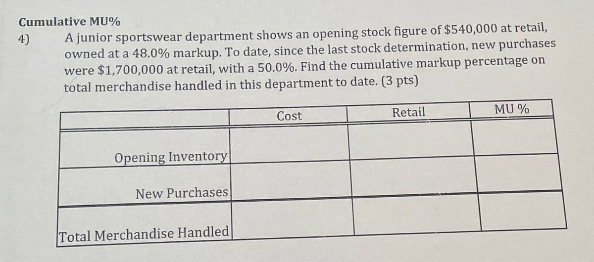Cumulative MU%
4)
A junior sportswear department shows an opening stock figure of $540,000 at retail,
owned at a 48.0% markup. To date, since the last stock determination, new purchases
were $1,700,000 at retail, with a 50.0%. Find the cumulative markup percentage on
total merchandise handled in this department to date. (3 pts)
Opening Inventory
New Purchases
Total Merchandise Handled
Cost
Retail
MU %
