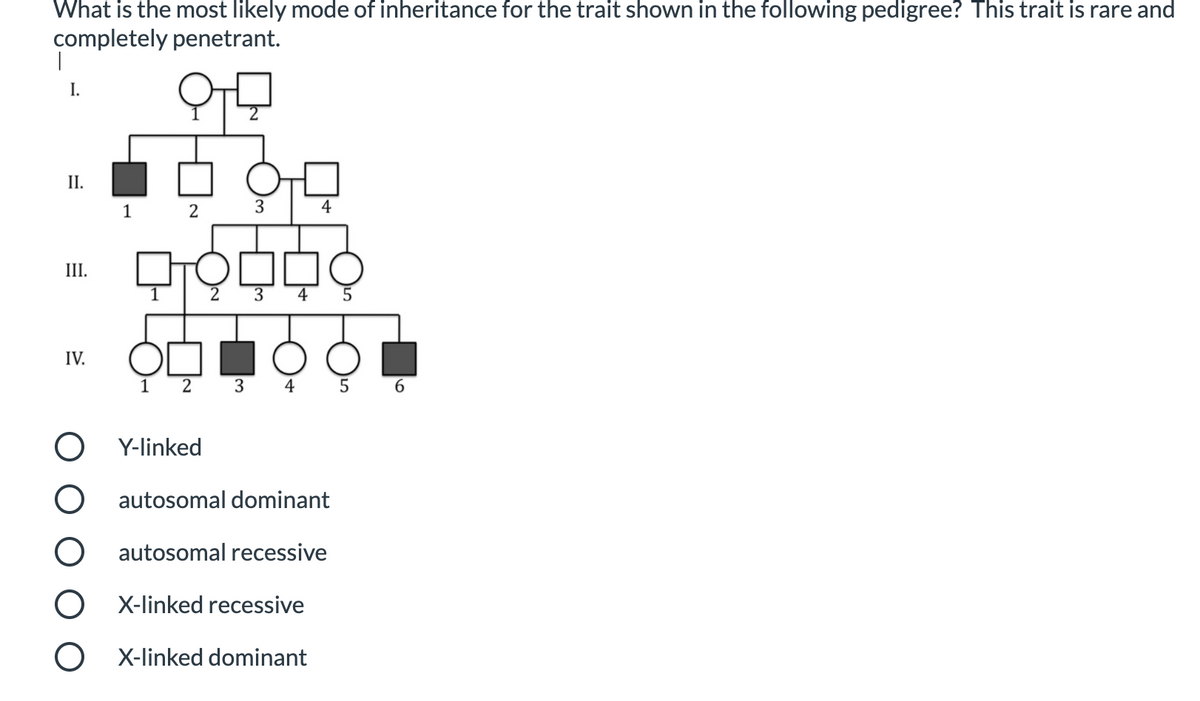 What is the most likely mode of inheritance for the trait shown in the following pedigree? This trait is rare and
completely penetrant.
|
I.
II.
III.
IV.
1 2
O
1 2
3
2 3 4
3
4
4
O Y-linked
O autosomal dominant
O autosomal recessive
OX-linked recessive
X-linked dominant
5
6
