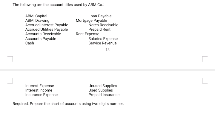 The following are the account titles used by ABM Co.:
АВМ, Сapital
ABM, Drawing
Accrued Interest Payable
Accrued Utilities Payable
Accounts Receivable
Accounts Payable
Cash
Loan Payable
Mortgage Payable
Notes Receivable
Prepaid Rent
Rent Expense
Salaries Expense
Service Revenue
13
Interest Expense
Interest Income
Insurance Expense
Unused Supplies
Used Supplies
Prepaid insurance
Required: Prepare the chart of accounts using two digits number.
