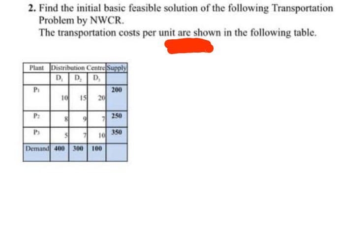 2. Find the initial basic feasible solution of the following Transportation
Problem by NWCR.
The transportation costs per unit are shown in the following table.
Plant Distribution Centre Supply
D₁ D₂ D₂
Pi
P:
E
Ps
10 15 20
x
9
5
7 10
Demand 400 300 100
200
250
350