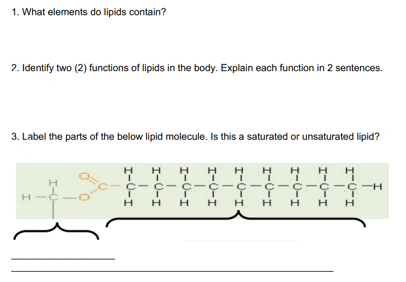 1. What elements do lipids contain?
2. Identify two (2) functions of lipids in the body. Explain each function in 2 sentences.
3. Label the parts of the below lipid molecule. Is this a saturated or unsaturated lipid?
I-0-
HIC
I-0)-I
C-C-
I
ннн
H-C-H
C-C
H-C-I
H-C-H
I-C-I
HH
C-C-CH
I
H
с
4
H