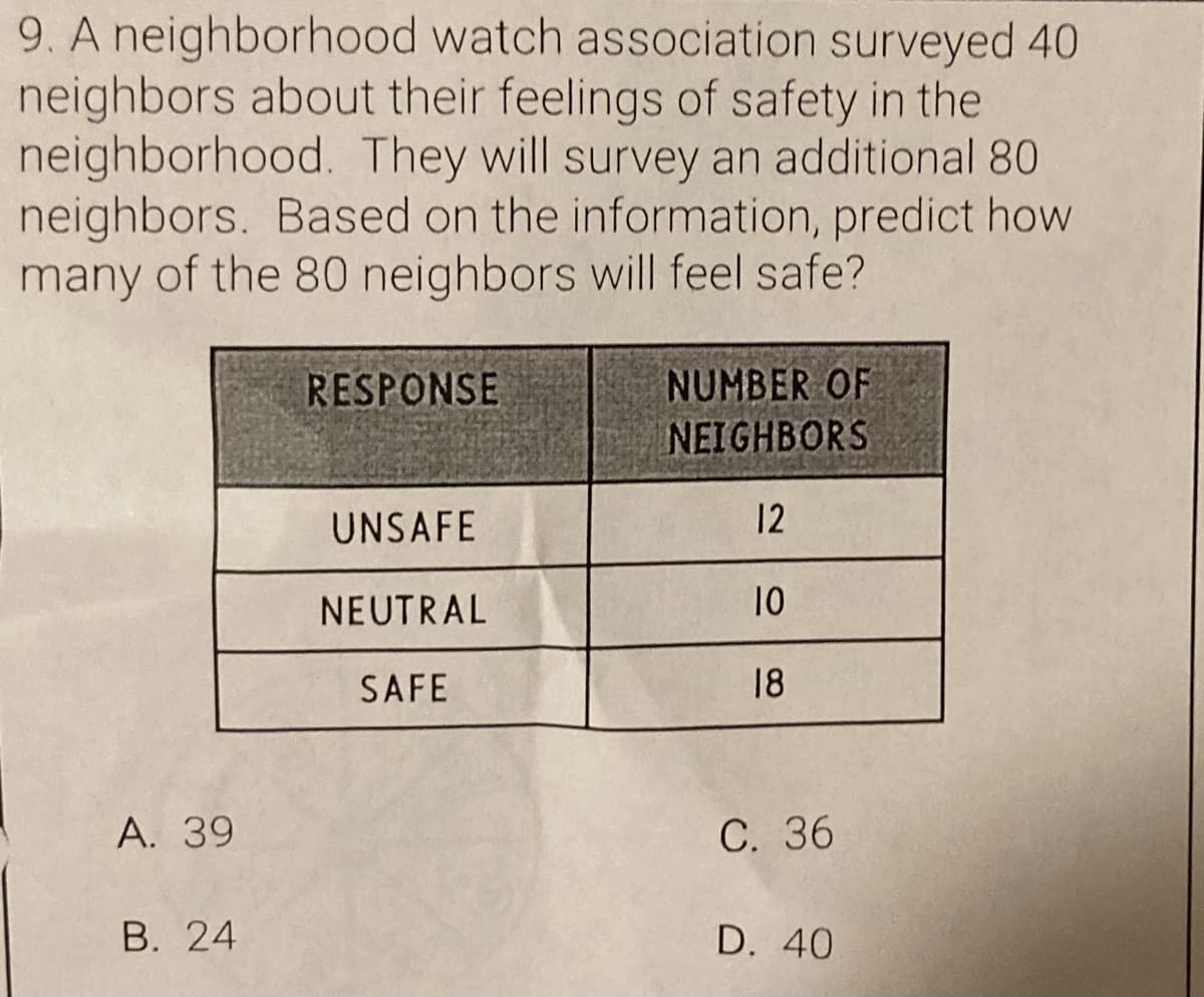 9. A neighborhood watch association surveyed 40
neighbors about their feelings of safety in the
neighborhood. They will survey an additional 80
neighbors. Based on the information, predict how
many of the 80 neighbors will feel safe?
RESPONSE
NUMBER OF
NEIGHBORS
UNSAFE
12
NEUTRAL
10
SAFE
18
А. 39
С. 36
В. 24
D. 40
