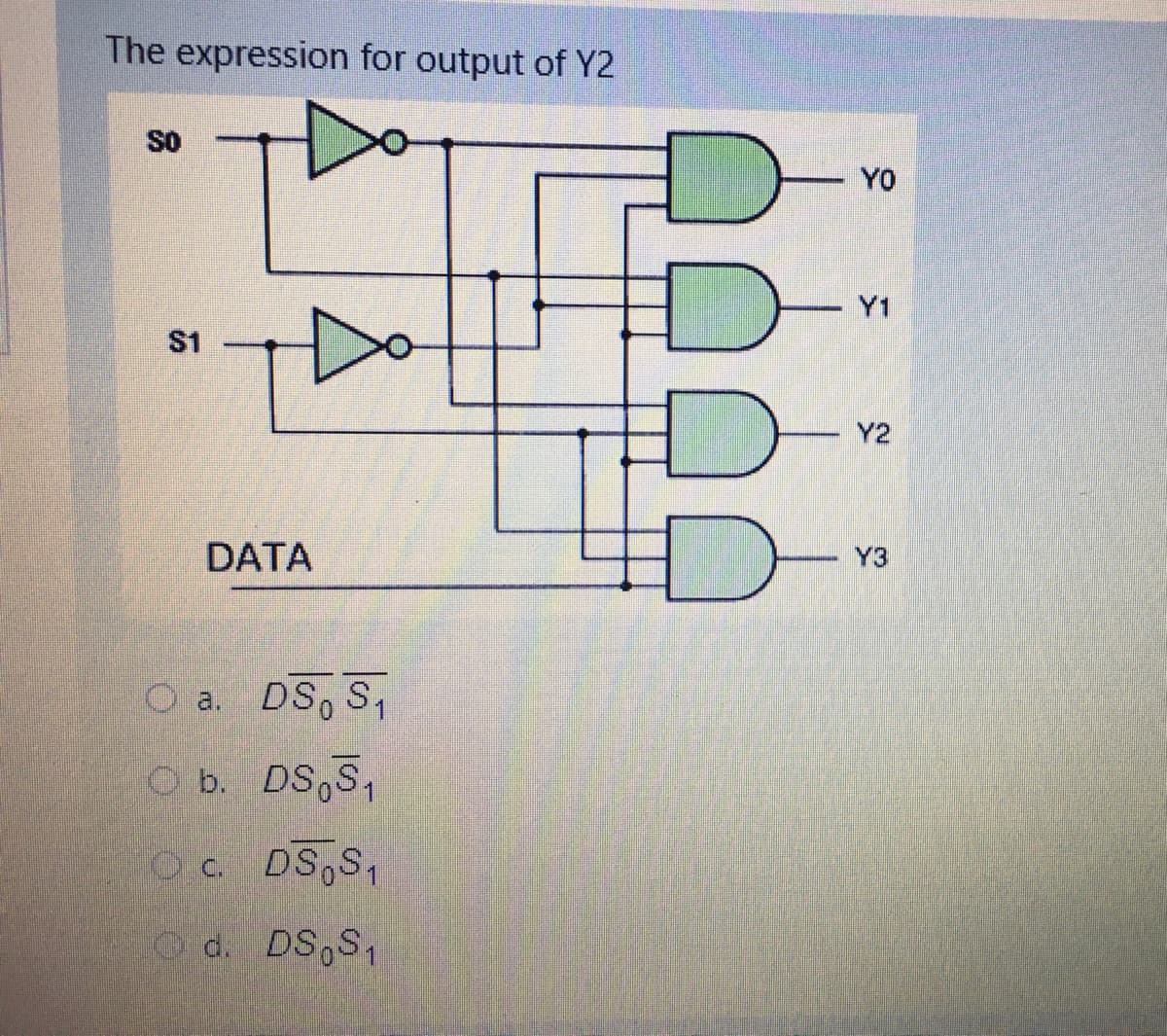 The expression for output of Y2
SO
YO
-Y1
S1
Y2
DATA
Y3
O a. DS, S,
O b. DS,S,
c. DS,S,
Od. DS,S,
