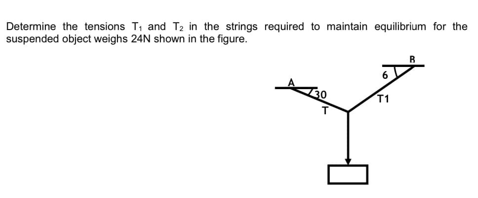 Determine the tensions T₁ and T₂ in the strings required to maintain equilibrium for the
suspended object weighs 24N shown in the figure.
B
6
T1