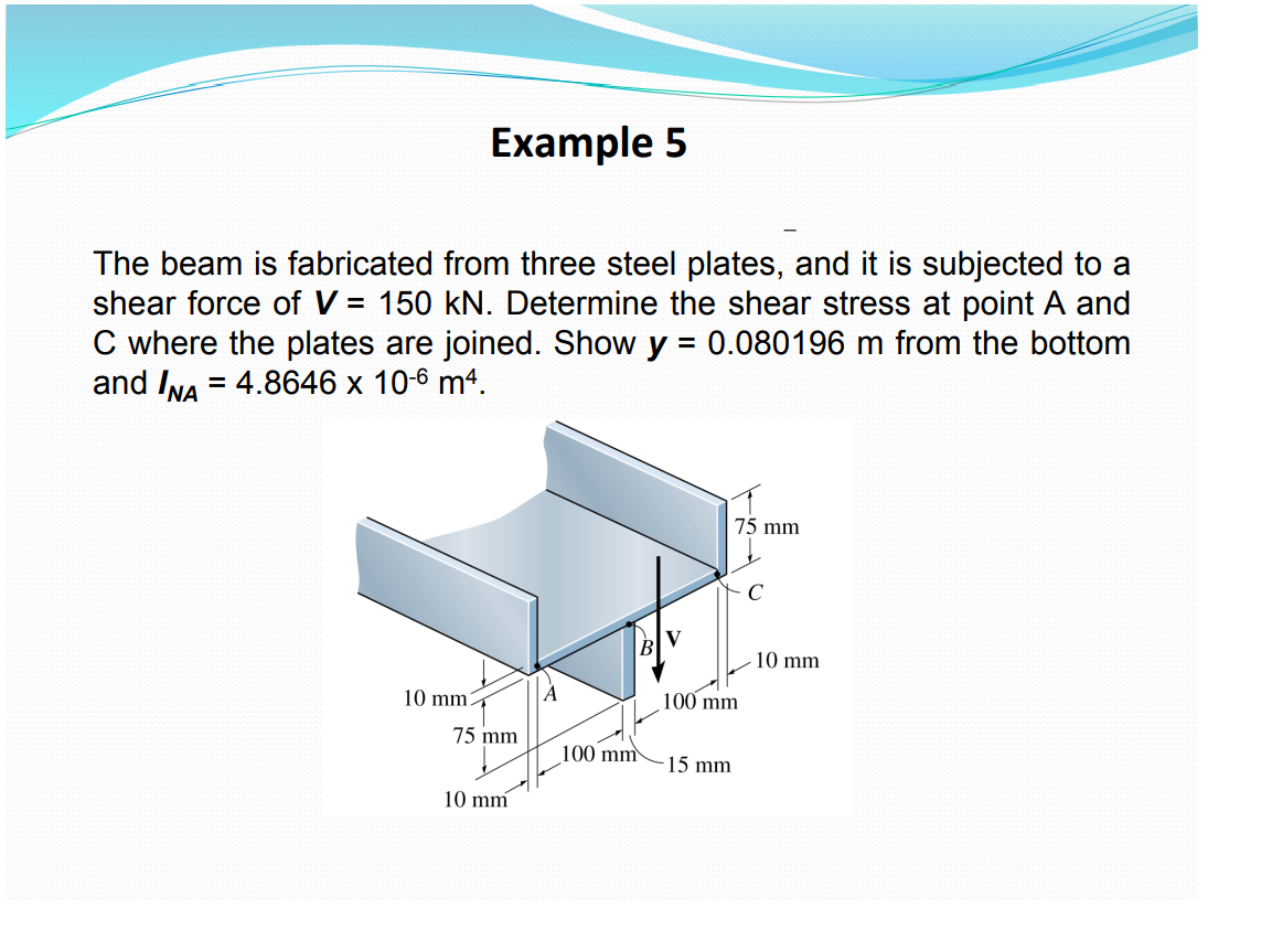 Example 5
The beam is fabricated from three steel plates, and it is subjected to a
shear force of V = 150 kN. Determine the shear stress at point A and
C where the plates are joined. Show y = 0.080196 m from the bottom
and INA = 4.8646 x 10-6 m4.
75 mm
C
D
10 mm2
100 mm
-15 mm
75 mm
10 mm
100 mm
10 mm
