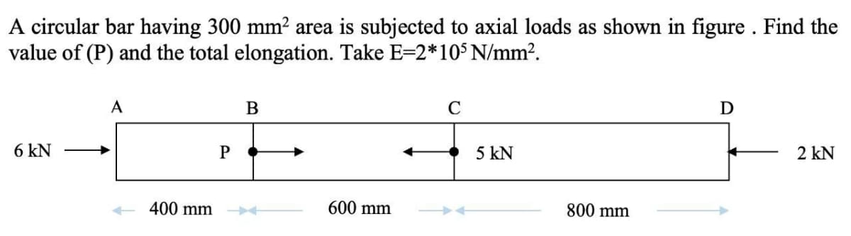 A circular bar having 300 mm? area is subjected to axial loads as shown in figure . Find the
value of (P) and the total elongation. Take E=2*105 N/mm?.
A
B
D
6 kN
P
5 kN
2 kN
400 mm
600 mm
800 mm

