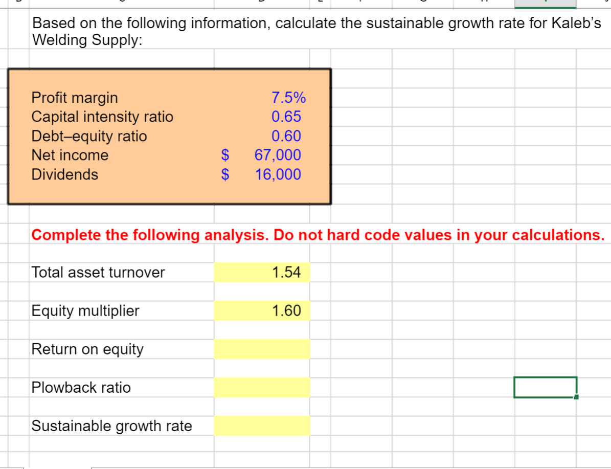 Based on the following information, calculate the sustainable growth rate for Kaleb's
Welding Supply:
Profit margin
Capital intensity ratio
Debt-equity ratio
Net income
7.5%
0.65
0.60
$
67,000
Dividends
$
16,000
Complete the following analysis. Do not hard code values in your calculations.
Total asset turnover
1.54
Equity multiplier
1.60
Return on equity
Plowback ratio
Sustainable growth rate
