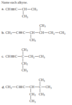 Name each alkyne.
a. CH=C-CH-CH3
CH3
b. CH3-C=C-CH-CH-CH,-CH,
CH3
CH3
c. CHEC-C-CH,-CH3
CH2
ČH,
CH3
d. CH;-C=C-CH-C-CH,
CH2 CH3
ČH3
