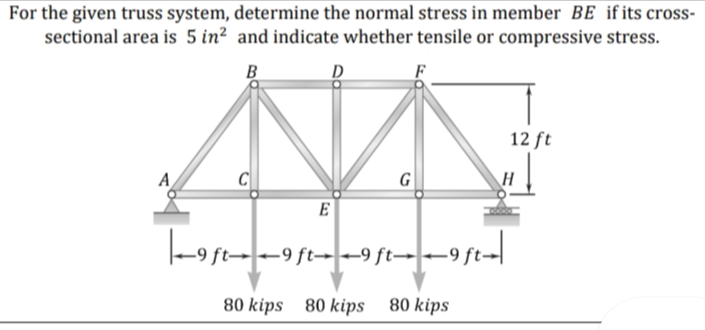 For the given truss system, determine the normal stress in member bE if its cross-
sectional area is 5 in² and indicate whether tensile or compressive stress.
D
12 ft
A
C
G
H
E
|-9 st---9 ft---9 ft--9 ft
80 kips 80 kips
80 kips
