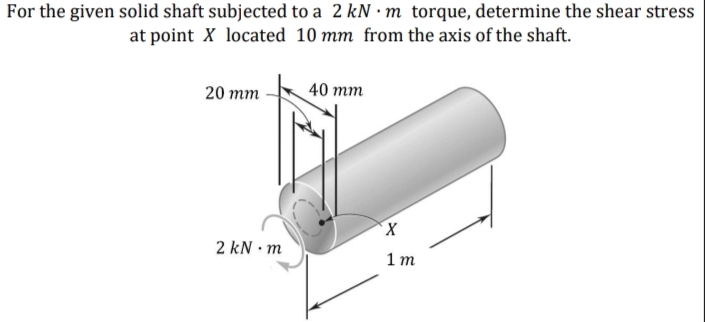 For the given solid shaft subjected to a 2 kN · m torque, determine the shear stress
at point X located 10 mm from the axis of the shaft.
20 mm
40 тm
X,
2 kN • m
1 т
