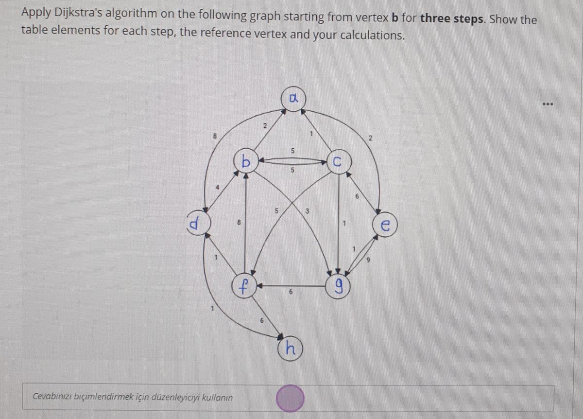 Apply Dijkstra's algorithm on the following graph starting from vertex b for three steps. Show the
table elements for each step, the reference vertex and your calculations.
13)
Cevabınızı biçimlendirmek için duzenleyiciyi kullonın
