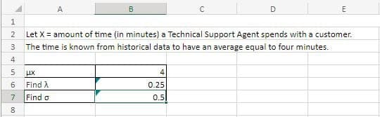 123
B
C
D
E
Let X = amount of time (in minutes) a Technical Support Agent spends with a customer.
The time is known from historical data to have an average equal to four minutes.
A
4
5
μ.Χ.
6
Find A
7
Find o
00
4
0.25
0.5