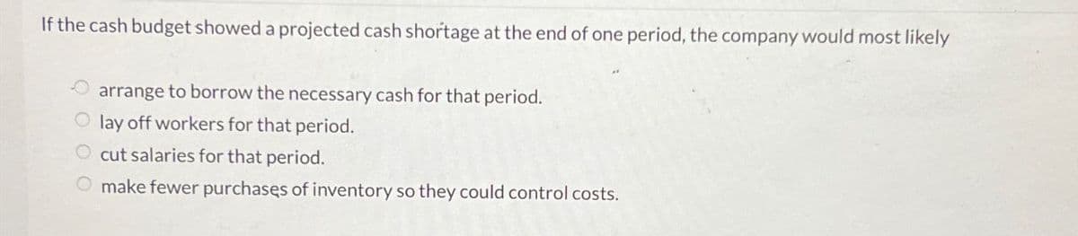 If the cash budget showed a projected cash shortage at the end of one period, the company would most likely
arrange to borrow the necessary cash for that period.
Olay off workers for that period.
O cut salaries for that period.
Omake fewer purchases of inventory so they could control costs.