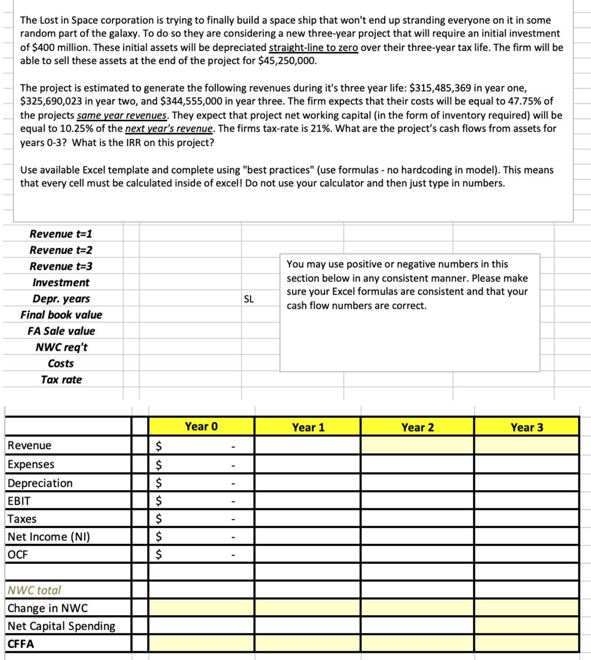 The Lost in Space corporation is trying to finally build a space ship that won't end up stranding everyone on it in some
random part of the galaxy. To do so they are considering a new three-year project that will require an initial investment
of $400 million. These initial assets will be depreciated straight-line to zero over their three-year tax life. The firm will be
able to sell these assets at the end of the project for $45,250,000.
The project is estimated to generate the following revenues during it's three year life: $315,485,369 in year one,
$325,690,023 in year two, and $344,555,000 in year three. The firm expects that their costs will be equal to 47.75% of
the projects same year revenues. They expect that project net working capital (in the form of inventory required) will be
equal to 10.25% of the next year's revenue. The firms tax-rate is 21%. What are the project's cash flows from assets for
years 0-3? What is the IRR on this project?
Use available Excel template and complete using "best practices" (use formulas - no hardcoding in model). This means
that every cell must be calculated inside of excel! Do not use your calculator and then just type in numbers.
Revenue t=1
Revenue t=2
Revenue t-3
Investment
Depr. years
Final book value
FA Sale value
NWC req't
Costs
Tax rate
Revenue
Expenses
Depreciation
EBIT
Taxes
Net Income (NI)
OCF
NWC total
Change in NWC
Net Capital Spending
CFFA
$
$
$
$
$
$
$
Year 0
SL
You may use positive or negative numbers in this
section below in any consistent manner. Please make
sure your Excel formulas are consistent and that your
cash flow numbers are correct.
Year 1
Year 2
Year 3