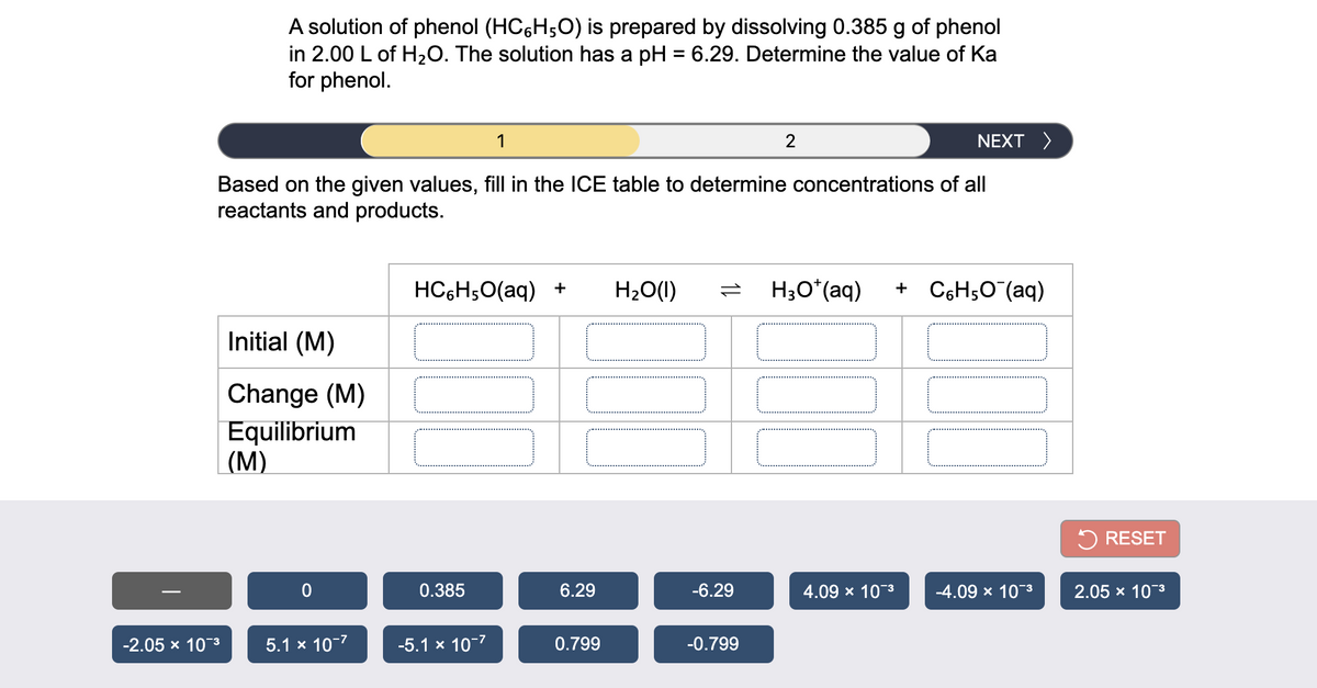 A solution of phenol (HC6H;O) is prepared by dissolving 0.385 g of phenol
in 2.00 L of H20. The solution has a pH = 6.29. Determine the value of Ka
for phenol.
1
2
NEXT >
Based on the given values, fill in the ICE table to determine concentrations of all
reactants and products.
HC6H;0(aq) +
H2O(1)
H3O*(aq)
C6H5O¯(aq)
+
Initial (M)
Change (M)
Equilibrium
(M)
5 RESET
0.385
6.29
-6.29
4.09 x 103
-4.09 x 10-3
2.05 x 10-3
-2.05 x 103
5.1 x 10-7
-5.1 x 10-7
0.799
-0.799
