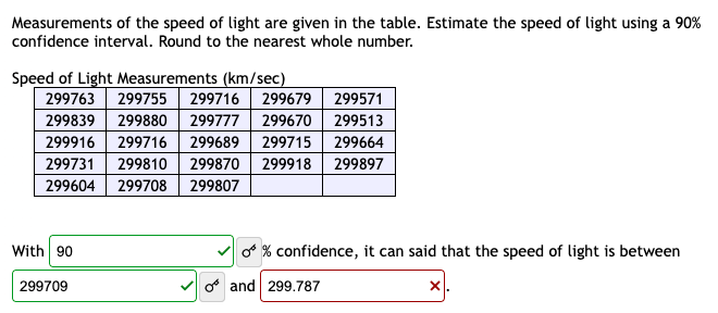 Measurements of the speed of light are given in the table. Estimate the speed of light using a 90%
confidence interval. Round to the nearest whole number.
Speed of Light Measurements (km/sec)
299755 299716
299763
299839 299880 299777
299916 299716 299689
299731 299810 299870
299604
299708 299807
With 90
299709
299679 299571
299670
299513
299715
299664
299918
299897
O % confidence, it can said that the speed of light is between
and 299.787
X