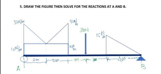5. DRAW THE FIGURE THEN SOLVE FOR THE REACTIONS AT A AND B.
3DN
15N
KN
Im * lan
-4m
B
