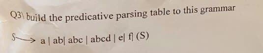 Q3) build the predicative parsing table to this grammar
Sa ab abc | abcd | el fl (S)