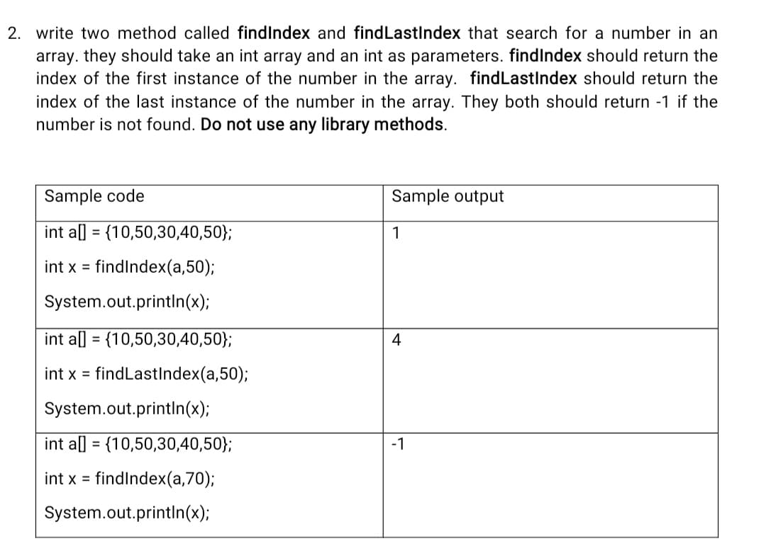 2. write two method called findIndex and findLastlndex that search for a number in an
array. they should take an int array and an int as parameters. findIndex should return the
index of the first instance of the number in the array. findLastIndex should return the
index of the last instance of the number in the array. They both should return -1 if the
number is not found. Do not use any library methods.
Sample code
Sample output
int al] = {10,50,30,40,50};
1
%3D
int x = findlndex(a,50);
System.out.println(x);
int al] = {10,50,30,40,50};
4
%3D
int x = findLastIndex(a,50);
System.out.println(x);
int al] = {10,50,30,40,50};
-1
%3D
int x = findIndex(a,70);
System.out.println(x);
