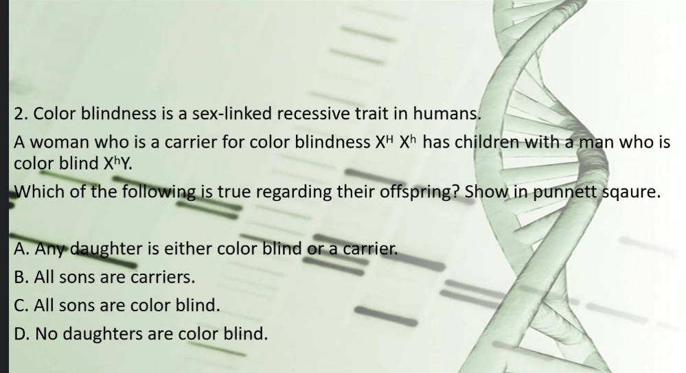 2. Color blindness is a sex-linked recessive trait in humans.
A woman who is a carrier for color blindness XH Xh has chịldren with a man who is
color blind XhY.
Which of the following is true regarding their offspring? Show in punnett sqaure.
A. Any daughter is either color blind or a carrier.
B. All sons are carriers.
C. All sons are color blind.
D. No daughters are color blind.
