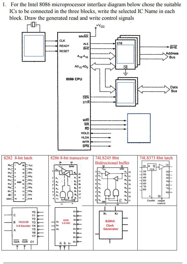 1. For the Intel 8086 microprocessor interface diagram below chose the suitable
ICs to be connected in the three blocks, write the selected IC Name in each
block. Draw the generated read and write control signals
+Vcc
8282 8-bit latch
Dig
DI₁2
0₂¹
Di
DIA
Dis
D7
20 VCC
15 000
18001
1700₂
1600₂
15 DO
14
005
1300
Oly
JE
12 007
GND 10 11 STB
с
0
8282
YO
Y1
A
Y2
B 74LS138 Y3
JaGIWNI8
3-8 Decoder Y4
Y5
Y6
7
Y7
G2A G2B G1
99
CLK
READY
RESET
2222222
20
A2
A1
An
11
MN/MX
8086 CPU
10
GND
8286 8-bit transceiver
A1g-A16
AD15-ADO
& & E
19
11,1
H-17
8. 16
B, 15
ALE
BHE
070-
00
8205 00-
3-8 DEC
040-
DEN
DT/R
HOLD
HLDA
INTR
INTA
00-
020-
010-
O 0
MIO
WR
RD
DIR
STB
74LS245 8bit
Bidirectional buffer
X1
10
X2
DE
8284A
Clock
Generator
GND
₁18
B₂ 17
B 16
15
14
By 12
11
IDD
2D
3D
4D
SD
6D
7D
8D
74LS373 8bit latch
CLK
BHE
Address
Bus
G
OC
Enable output
control
10
20
30
40
50
Data
Bus
60
70
30