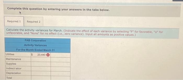 Complete this question by entering your answers in the tabs below.
Required 1 Required 2
Calculate the activity variances for March. (Indicate the effect of each variance by selecting "F" for favorable, "U" for
unfavorable, and "None" for no effect (i.e., zero variance). Input all amounts as positive values.)
FAB Corporation
Activity Variances
For the Month Ended March 31
$ 20,440
Utilities
Maintenance
Supplies
Indirect labor
Depreciation
Total