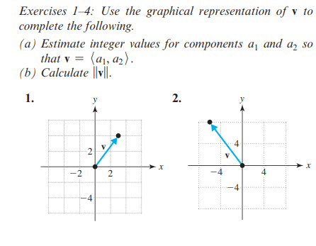 Exercises 1-4: Use the graphical representation of v to
complete the following.
(a) Estimate integer values for components a, and a so
that v = (a₁, a₂).
(b) Calculate |v||.
1.
-2
2.
-4
>
2
2.
-4
X