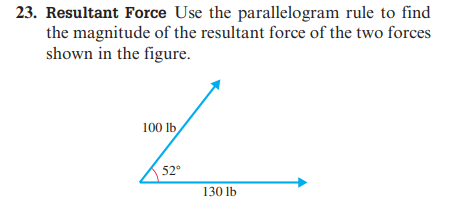 23. Resultant Force Use the parallelogram rule to find
the magnitude of the resultant force of the two forces
shown in the figure.
100 lb
52°
130 lb