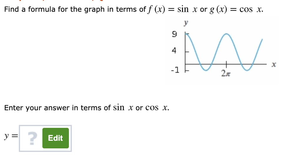 Find a formula for the graph in terms of f (x) = sin x or g (x) = cos x.
y
9
4
-1
2n
Enter your answer in terms of sin x or cos x.
y =
? Edit
