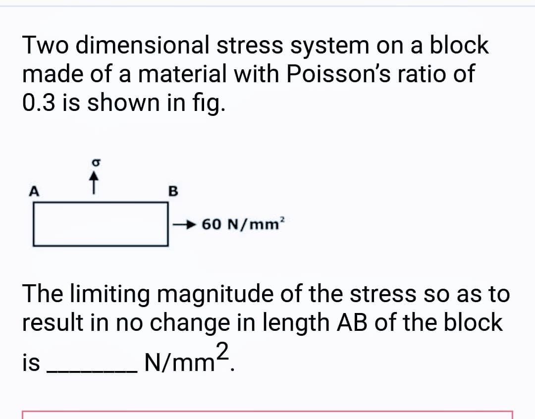 Two dimensional stress system on a block
made of a material with Poisson's ratio of
0.3 is shown in fig.
A
B
60 N/mm²
The limiting magnitude of the stress so as to
result in no change in length AB of the block
N/mm².
is