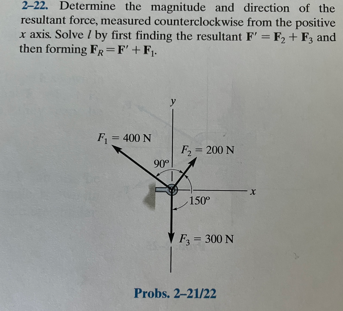 2-22. Determine the magnitude and direction of the
resultant force, measured counterclockwise from the positive
x axis. Solve 1 by first finding the resultant F' = F2 + F3 and
then forming FR=F' +F,.
%3D
y
F = 400 N
%3D
F, = 200 N
%3D
90°
150°
F3 = 300 N
%3D
Probs. 2-21/22
