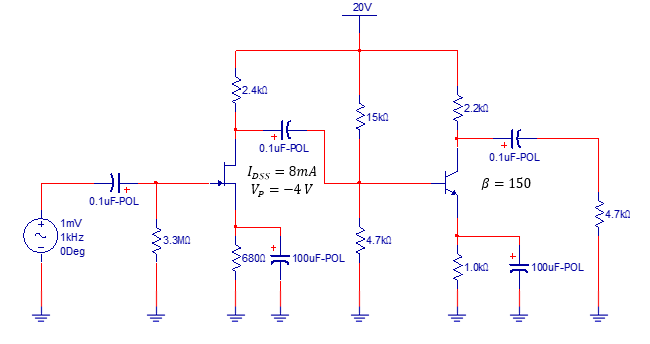 20V
2.4kn
2.20
15kn
0.1uF-POL
0.1uF-POL
Ipss = 8mA
V, = -4 V
B = 150
0.1uF-POL
>4.7k
1mV
1kHz
3.3MA
>4.7k0
ODeg
6800
100uF-POL
1.0kn
100UF-POL
